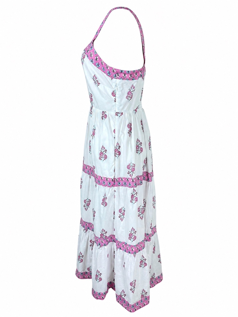 J.Crew Block Print Tiered Midi Dress White Pink Floral Square Neck Cotton SZ 10 - Picture 4 of 16